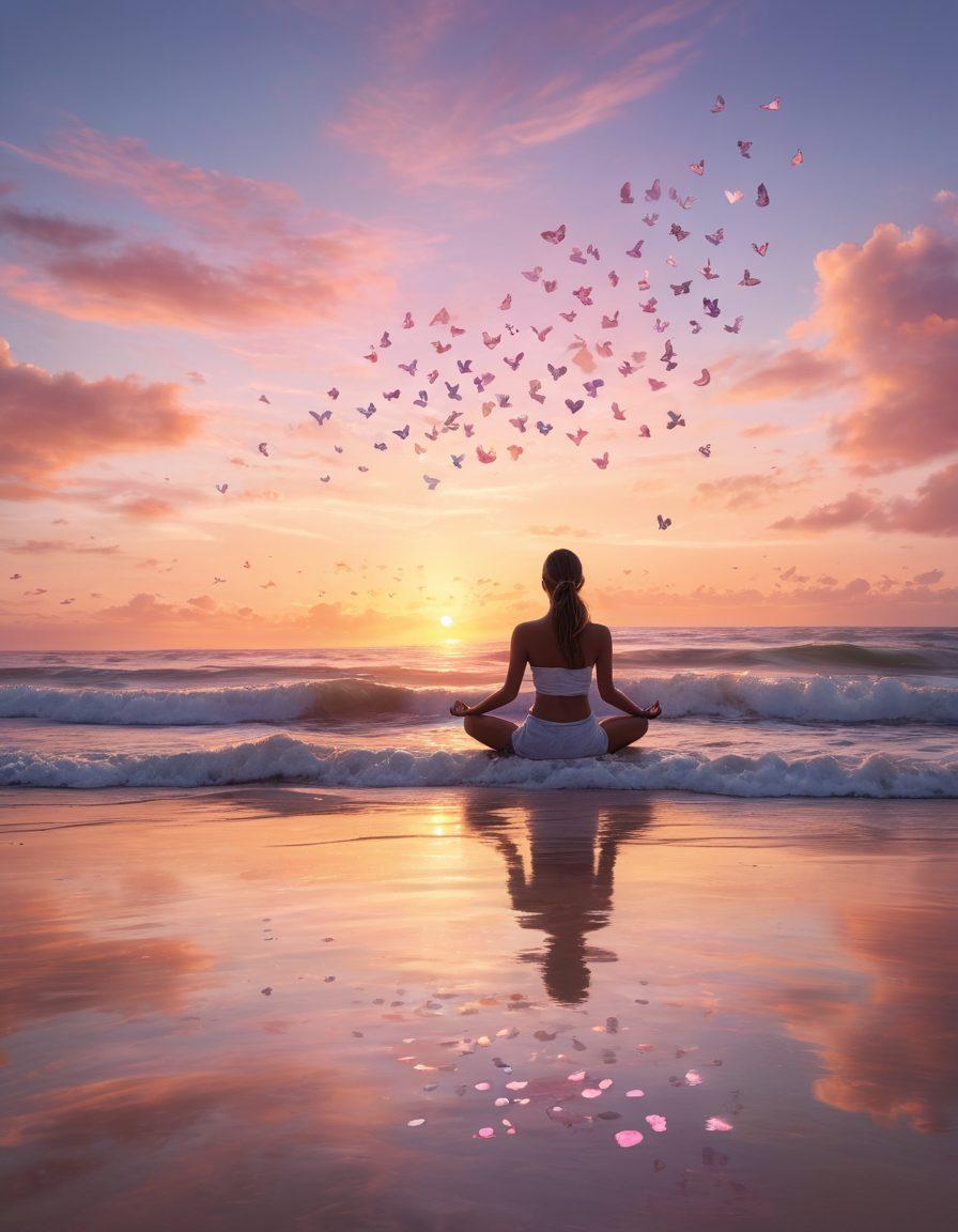 A serene scene of a person meditating on a calm beach during sunrise, surrounded by gentle waves and soft pastel colors in the sky. In the foreground, symbols of joy and empowerment like butterflies, hearts, and plants subtly blend into the scenery. The overall atmosphere evokes a sense of tranquility and happiness. super-realistic. vibrant colors. peaceful ambiance.