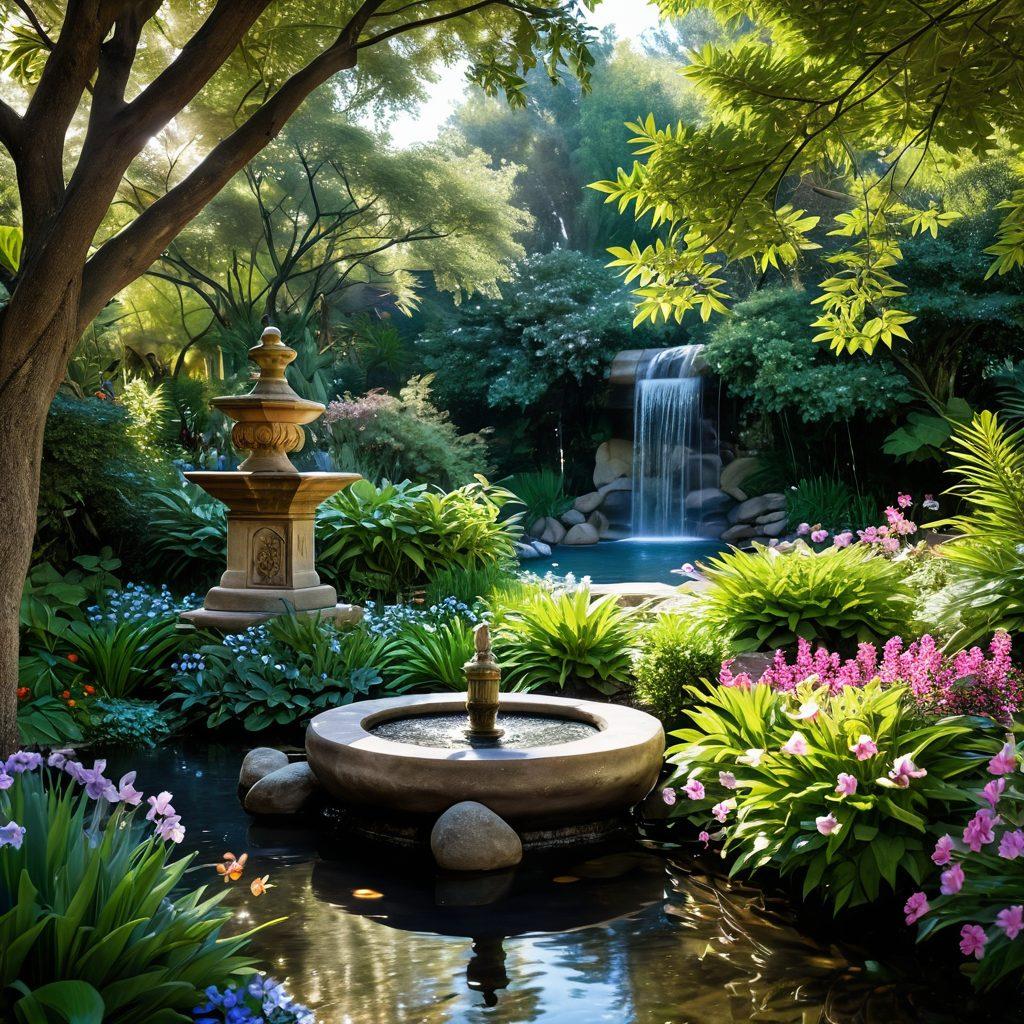 A serene landscape featuring a tranquil garden with blooming flowers and a calming water fountain, a person meditating in the foreground radiating empowerment, soft sunlight filtering through lush trees, butterflies fluttering around, symbolizing transformation and blissful living. super-realistic. vibrant colors. calming atmosphere.